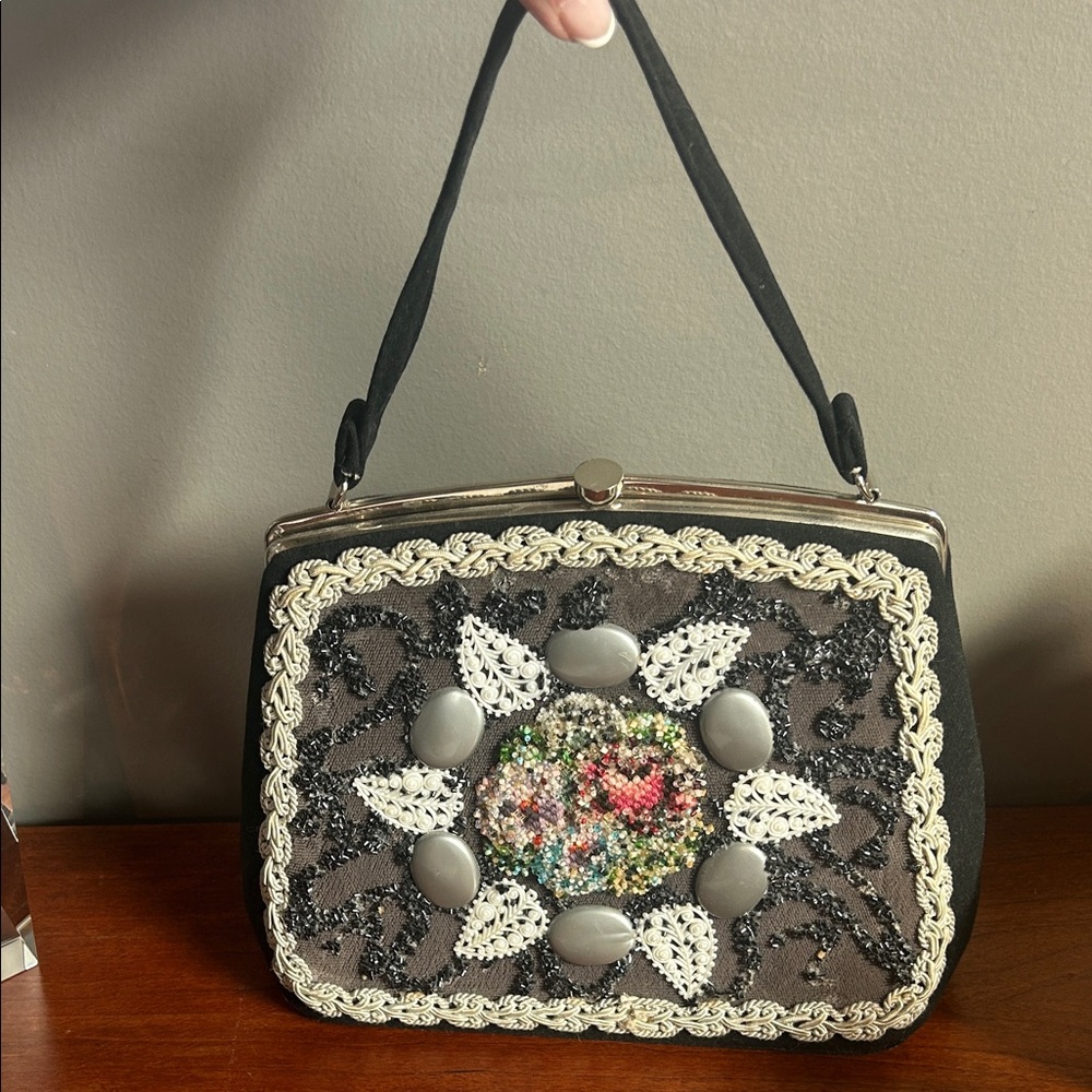 Vintage 1950-60’s Beaded Black Floral Embellished Evening Bag